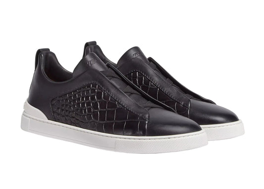 Zegna Crocodile Leather Triple Stitch "Black White" Contrast Leather Sneakers UAE