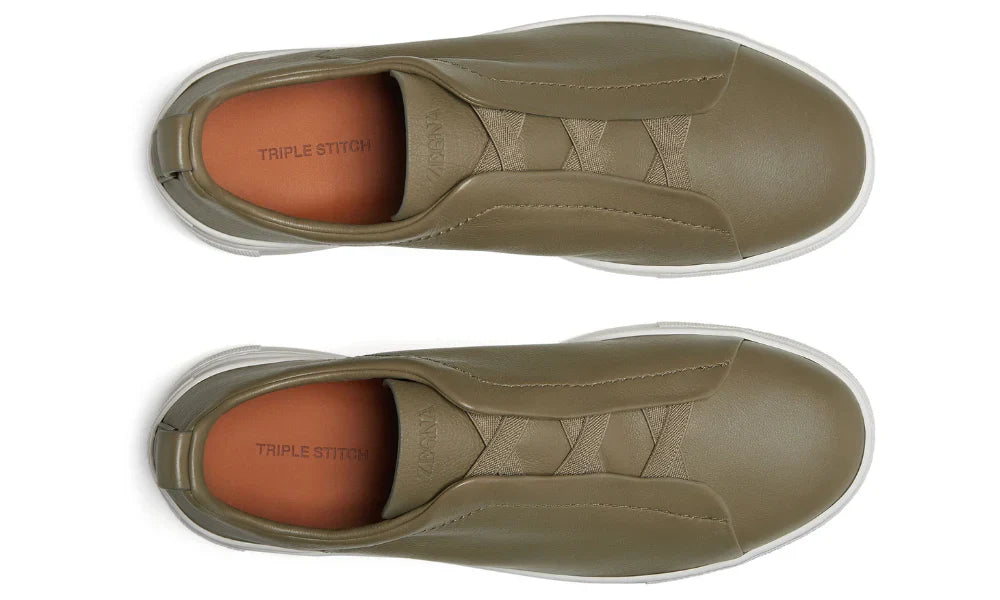 Zegna Triple Stitch Leather Sneakers "Olive Green" Casual Luxury Sneakers UAE