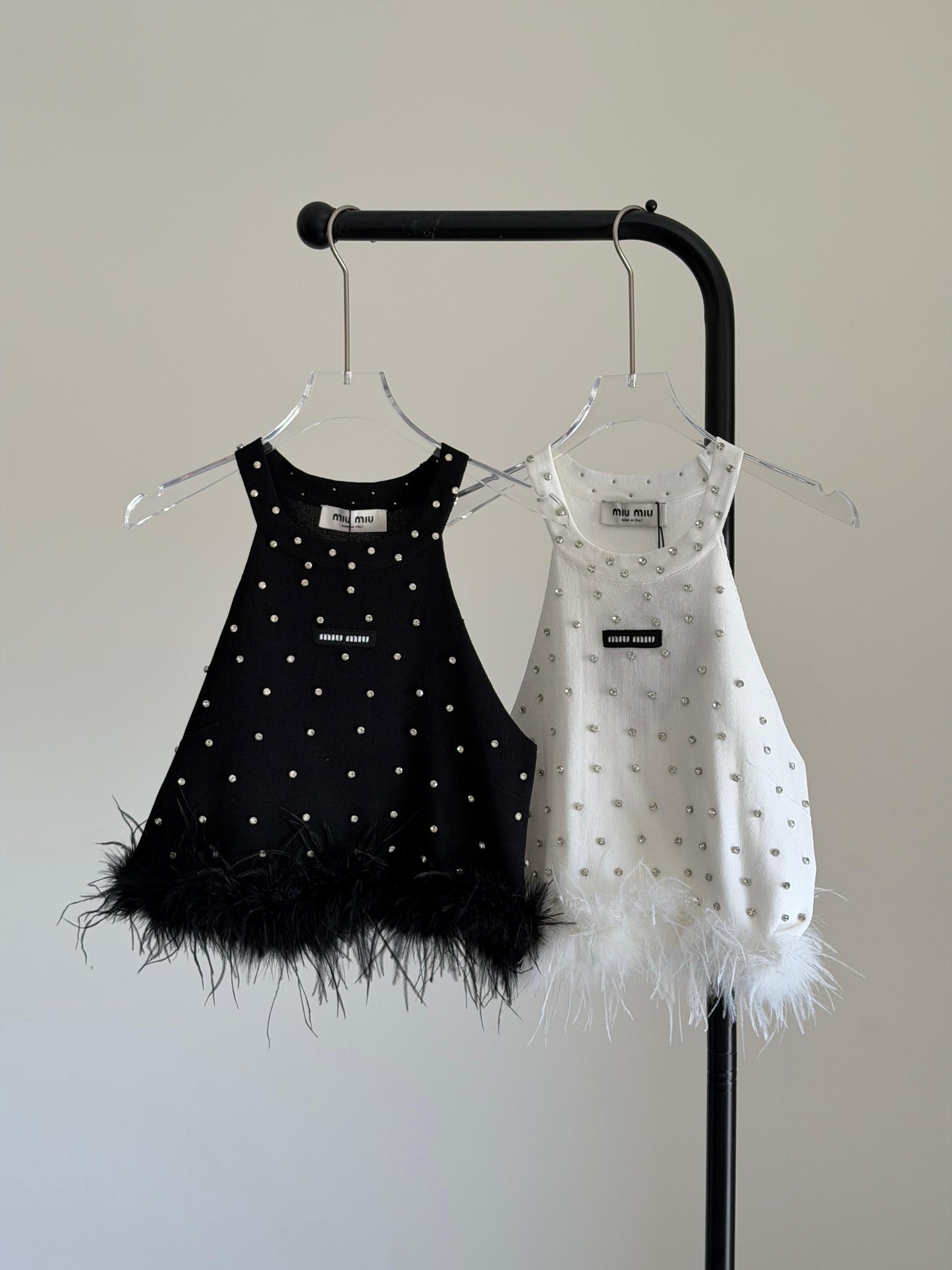 Miu Miu Embellished Feather Trim Tank Top