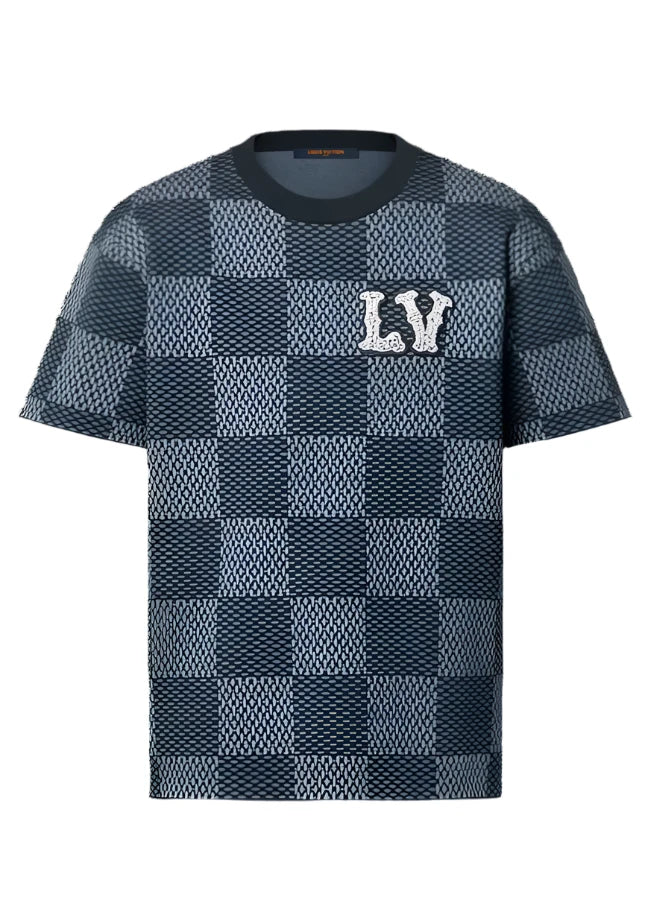 Damier Short-Sleeved Crewneck With LV Crystal Patch Luxury Designer Tee UAE