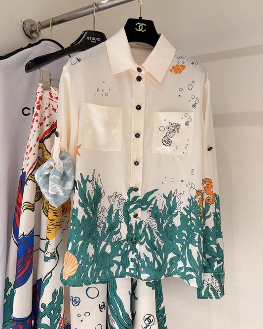 Chanel Shirt Silk Ecru and Green set