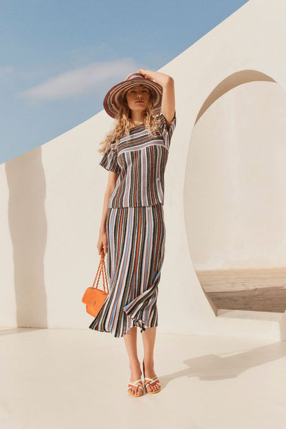 Chanel Top Cotton Khaki Blue and Orange set