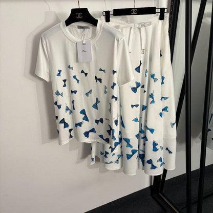 Dioriviera Short-Sleeved Blouse White Cotton Poplin with Blue Dior Bows