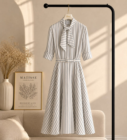 Dior Mid-Length Belted Dress Gray and White