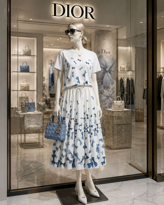 Dioriviera Short-Sleeved Blouse White Cotton Poplin with Blue Dior Bows
