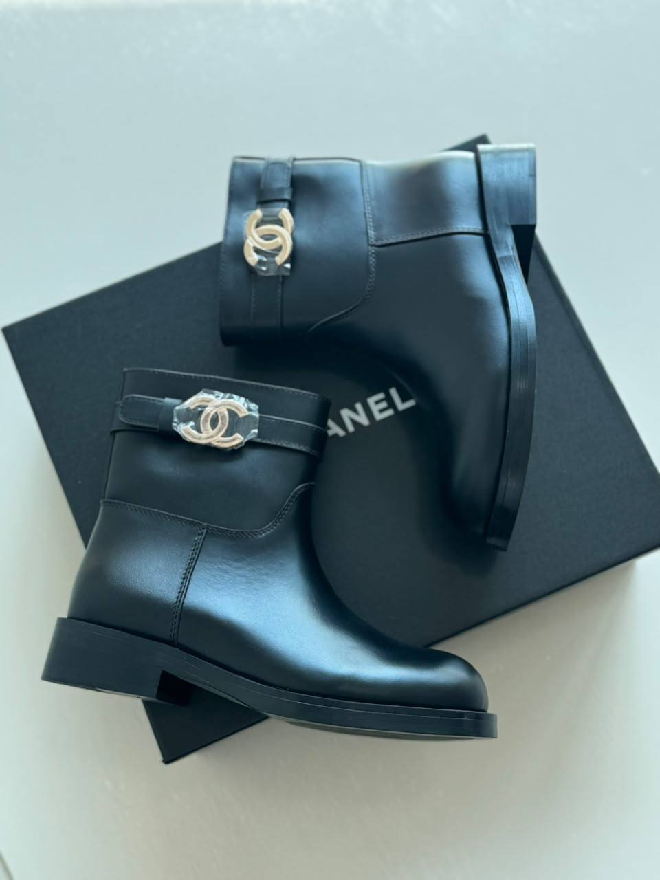 Chanel Calfskin CC Buckle Ankle Boots