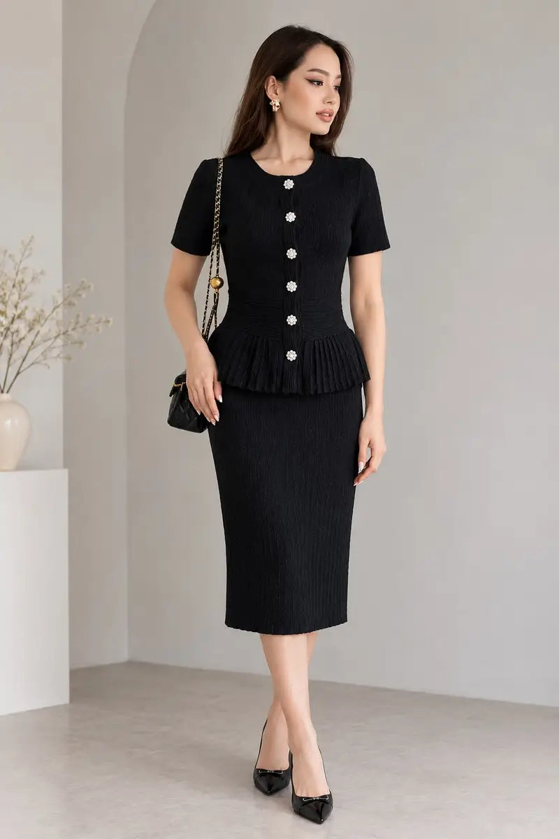 Self-Portrait Black Ribbed Knit Peplum Top & Midi Skirt Set