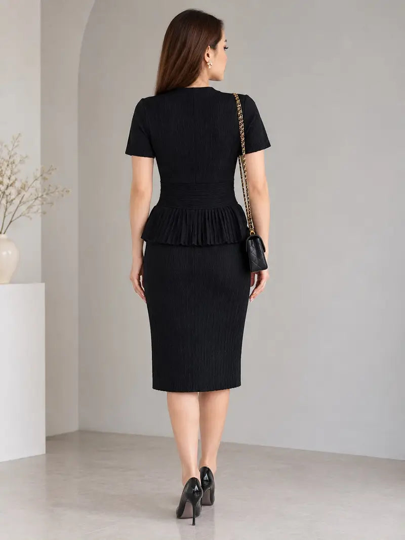 Self-Portrait Black Ribbed Knit Peplum Top & Midi Skirt Set