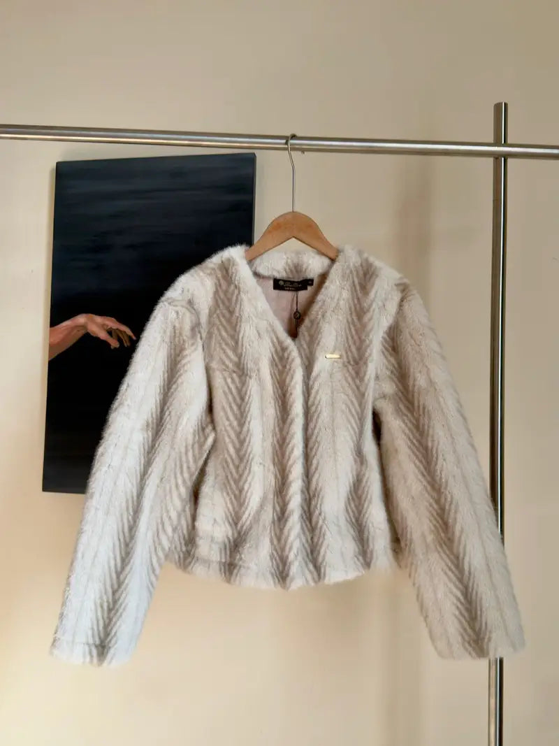 Loro Piana Cream Chevron Fur Cropped V-Neck Jacket