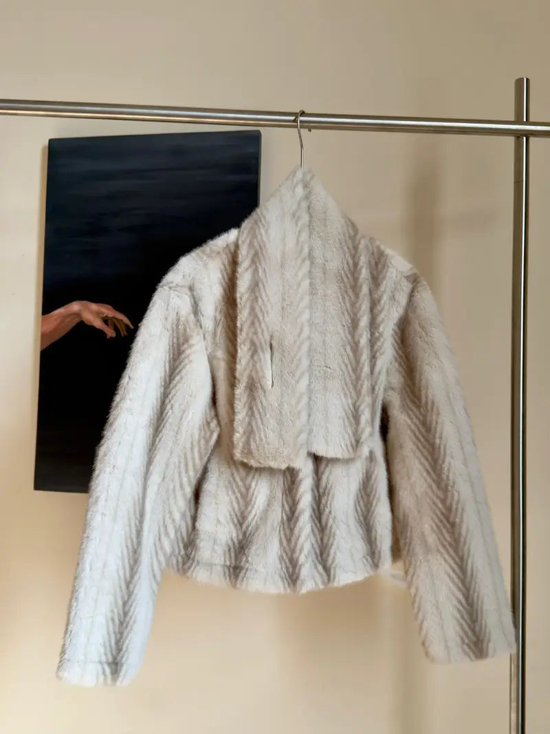 Loro Piana Cream Chevron Fur Cropped V-Neck Jacket