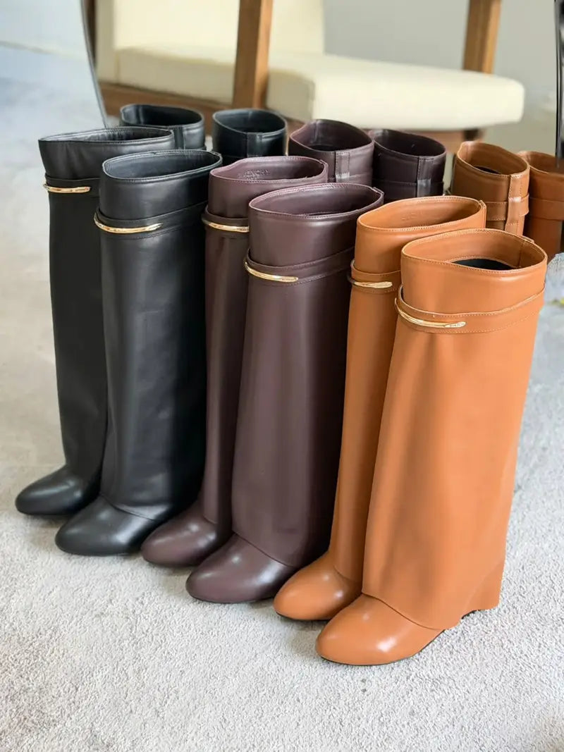 Givenchy Shark Lock Knee-High Wedge Boots in Smooth Box Calfskin Leather with Metal Clasp Band