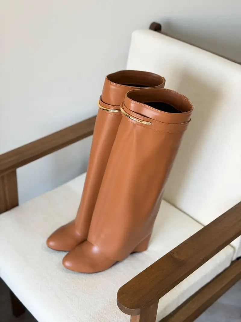 Givenchy Shark Lock Knee-High Wedge Boots in Smooth Box Calfskin Leather with Metal Clasp Band