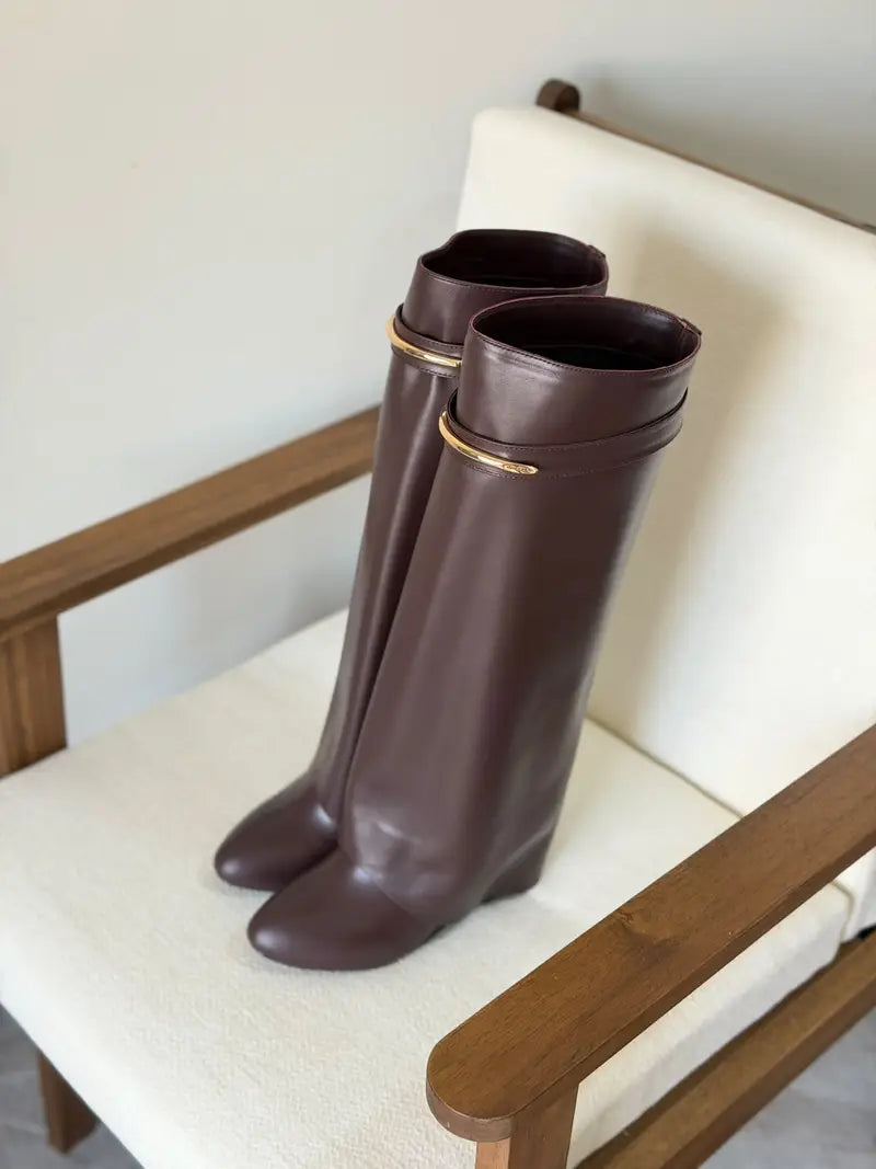 Givenchy Shark Lock Knee-High Wedge Boots in Smooth Box Calfskin Leather with Metal Clasp Band