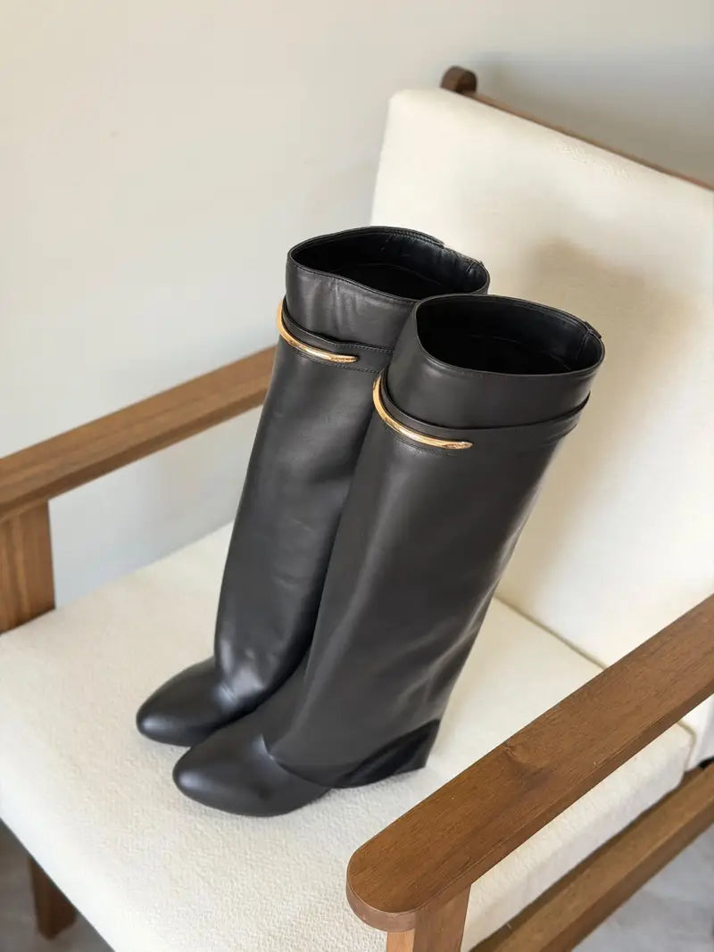 Givenchy Shark Lock Knee-High Wedge Boots in Smooth Box Calfskin Leather with Metal Clasp Band