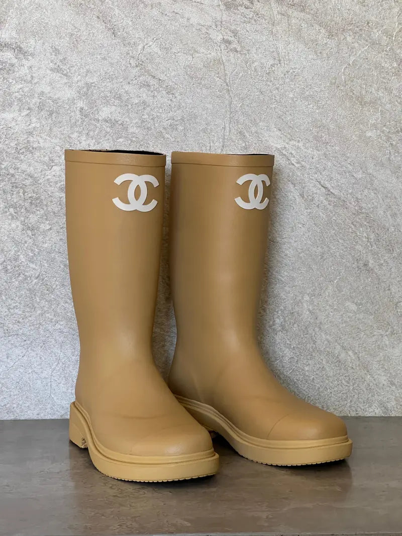 Chanel Rubber CC Rain Boots Beige