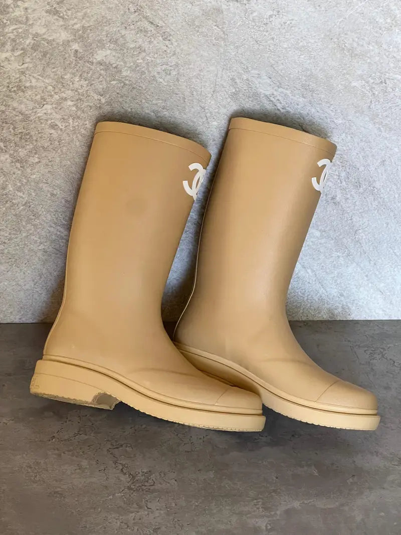 Chanel Rubber CC Rain Boots Beige