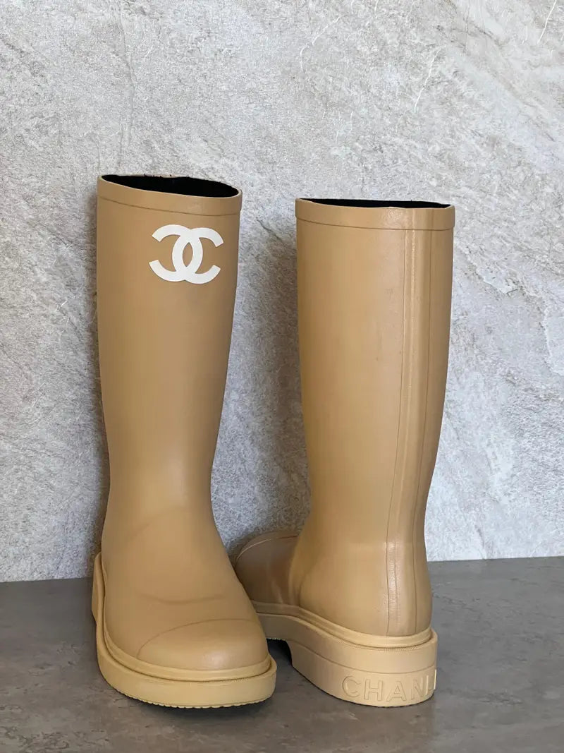 Chanel Rubber CC Rain Boots Beige