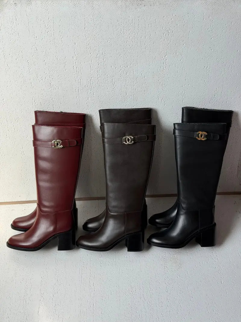 Chanel Black Calfskin Leather Knee High Block Heel Boots