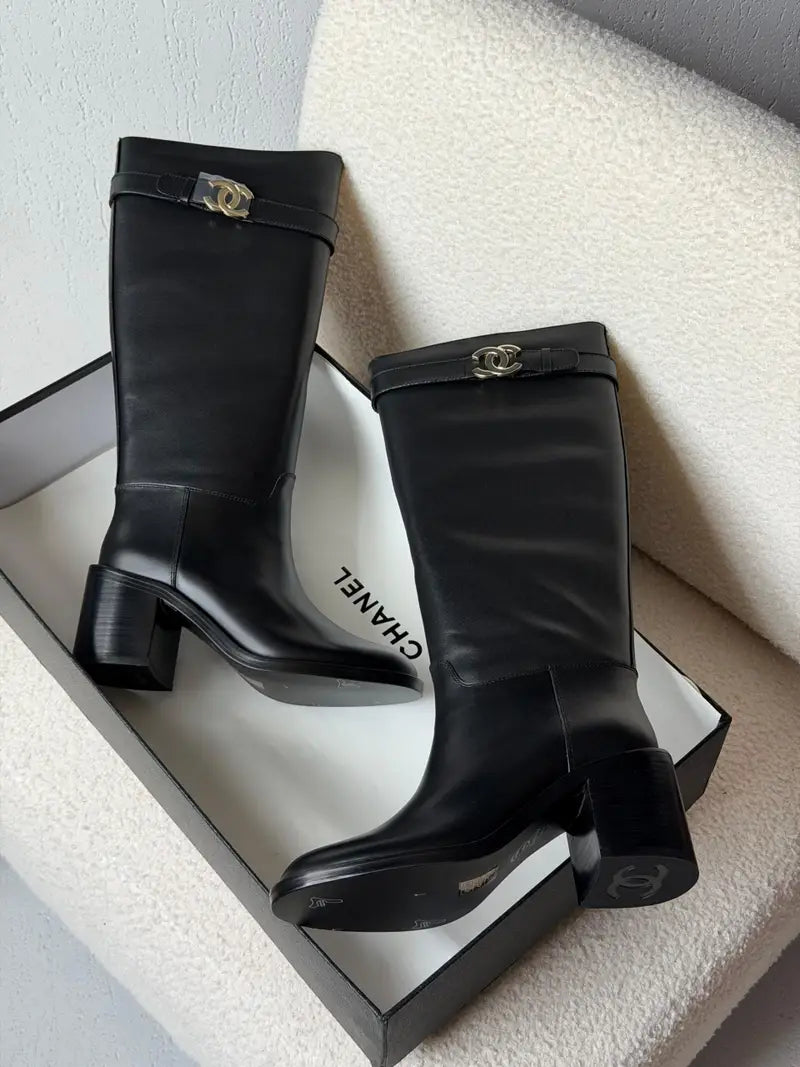 Chanel Black Calfskin Leather Knee High Block Heel Boots