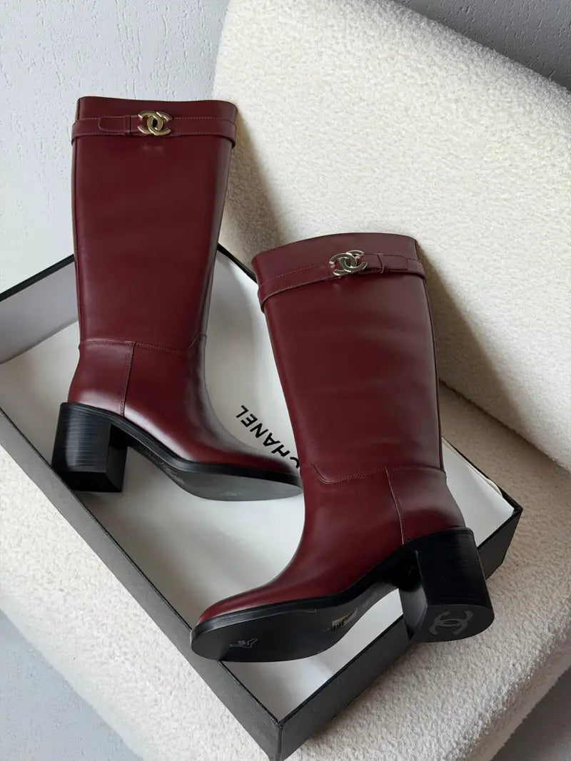 Chanel Black Calfskin Leather Knee High Block Heel Boots