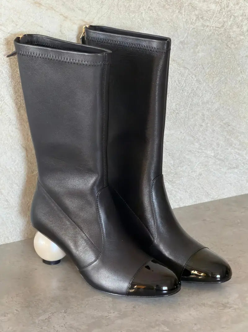 Chanel Pearl Heel Cap-Toe Mid-Calf Boots