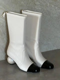 Chanel Pearl Heel Cap-Toe Mid-Calf Boots