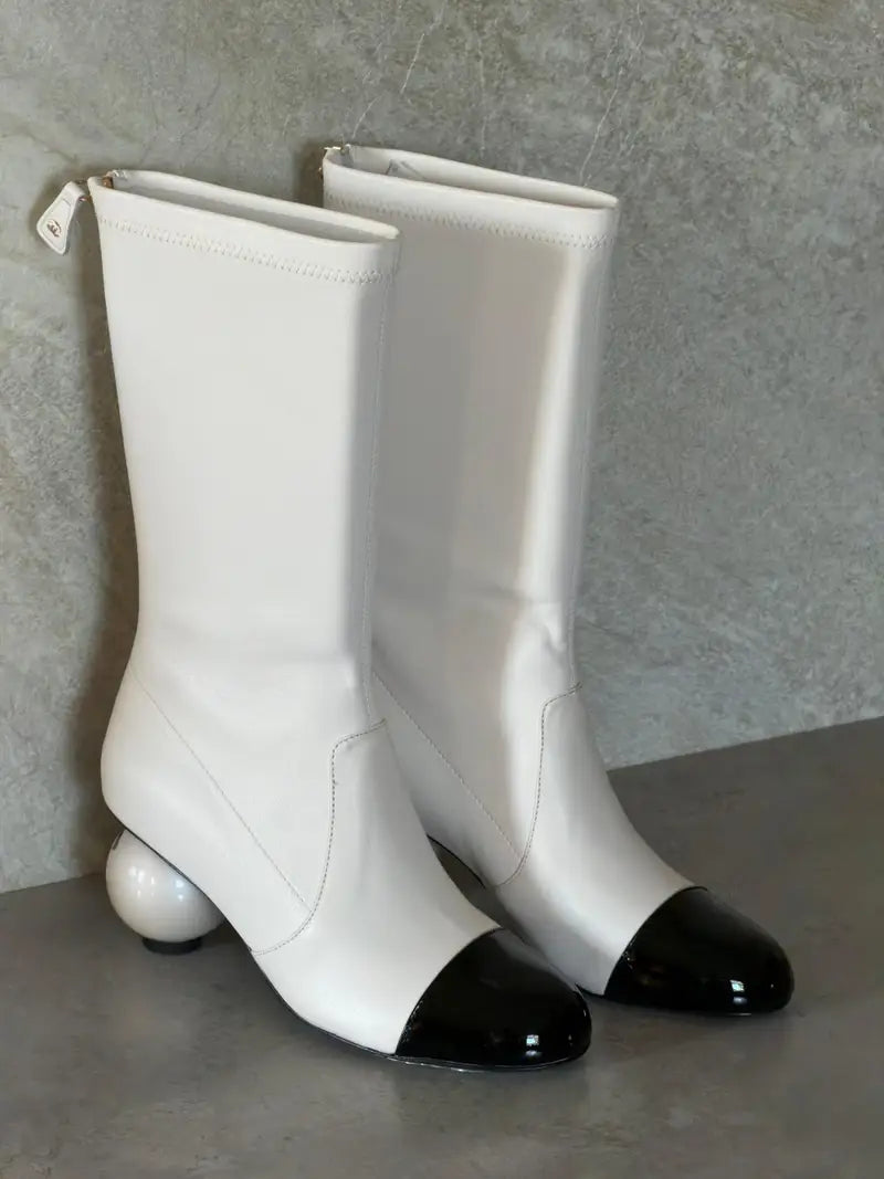 Chanel Pearl Heel Cap-Toe Mid-Calf Boots