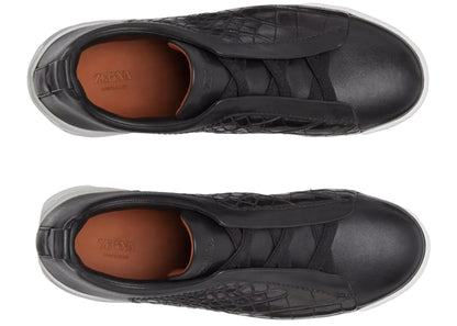 Zegna Crocodile Leather Triple Stitch "Black White" Contrast Leather Sneakers UAE
