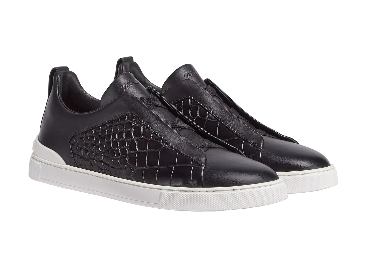 Zegna Crocodile Leather Triple Stitch "Black White" Contrast Leather Sneakers UAE
