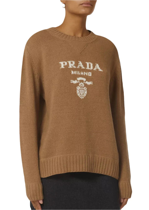 Prada Logo Cashmere Wool Crewneck Sweater "Camel Brown" Premium Sweater UAE