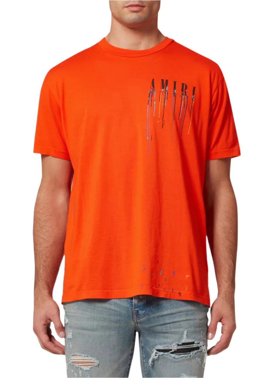 Amiri Orange Paint Drip Logo Crewneck T-Shirt Vibrant Graphic Tee UAE