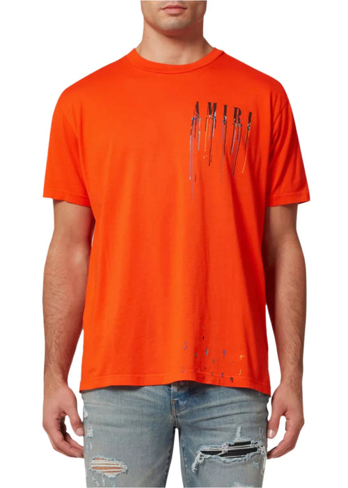 Amiri Orange Paint Drip Logo Crewneck T-Shirt Vibrant Graphic Tee UAE