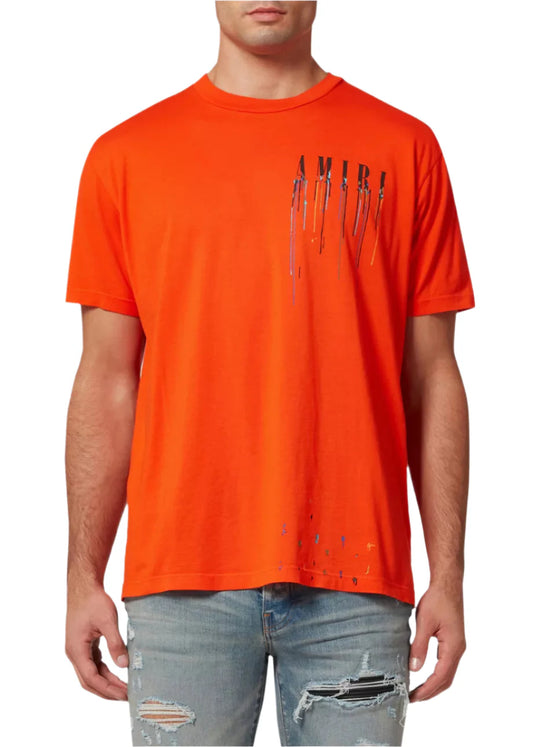 Amiri Orange Paint Drip Logo Crewneck T-Shirt Vibrant Graphic Tee UAE