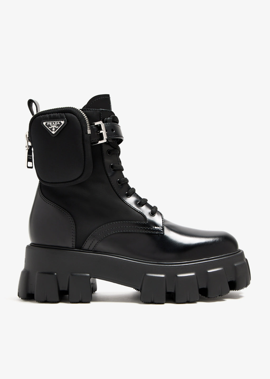 Prada Monolith Leather and Re-Nylon Combat Boots.
