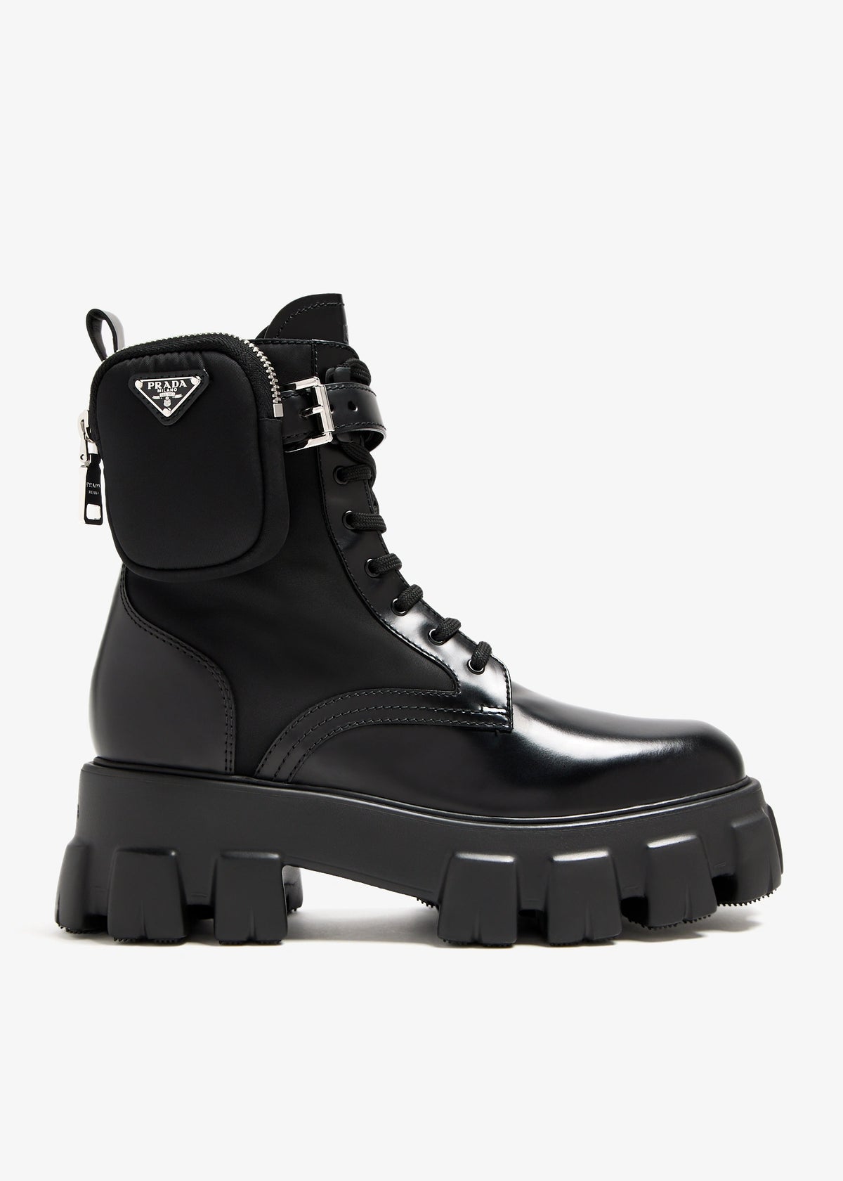 Prada Monolith Leather and Re-Nylon Combat Boots.