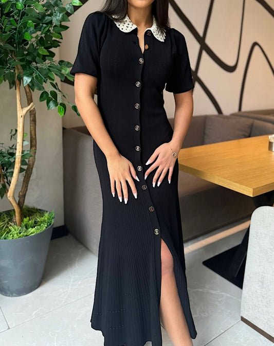 Sandro Black Knit Crochet Collar Villa Midi Dress
