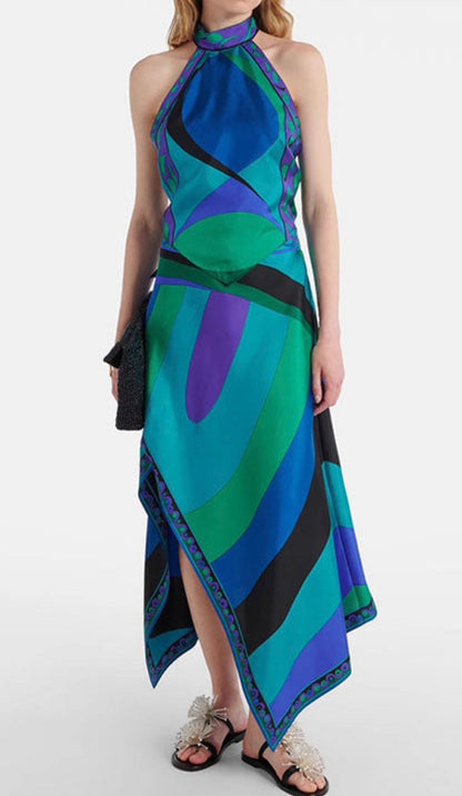 PUCCI Multi Silk Iride Print Asymmetric Midi Skirt