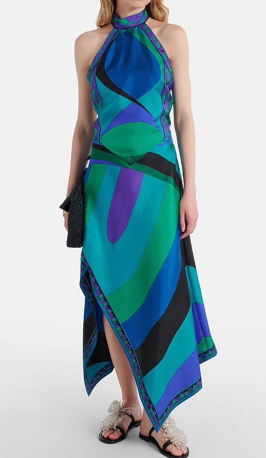 PUCCI Multi Silk Iride Print Asymmetric Midi Skirt