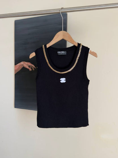 CHANEL CC Logo Cotton Silk Sleeveless Ribbed Tank