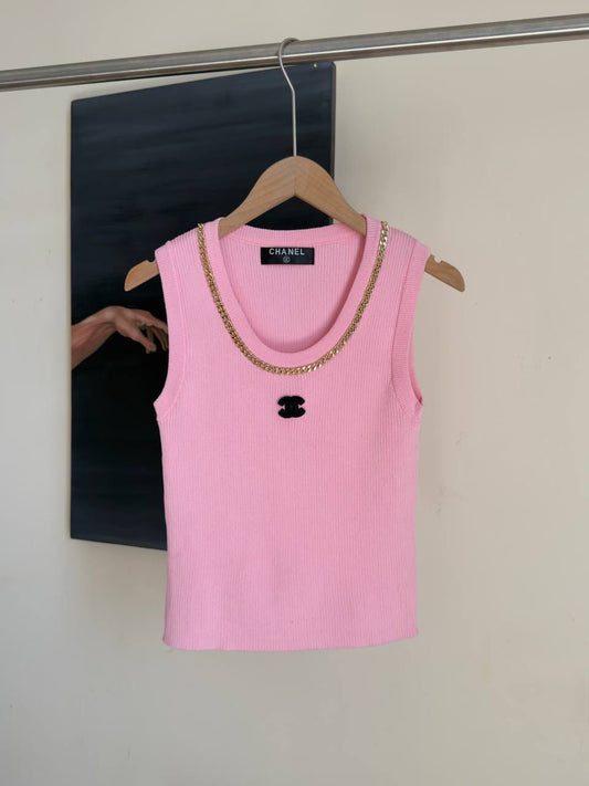 CHANEL CC Logo Cotton Silk Sleeveless Ribbed Tank