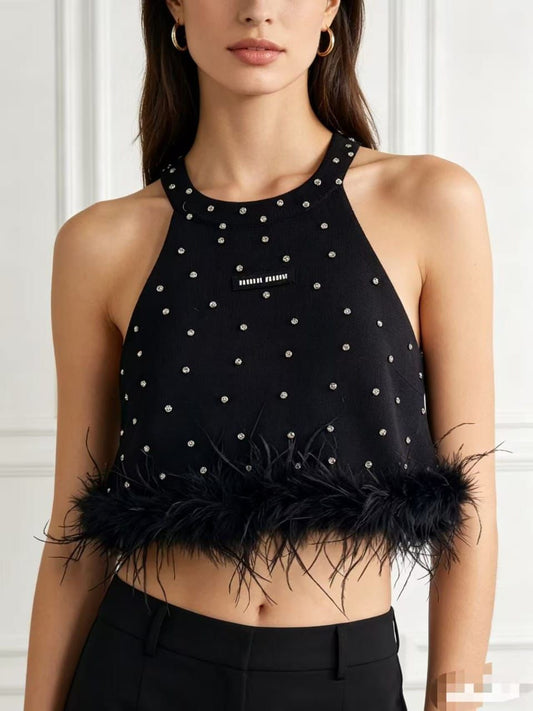 Miu Miu Embellished Feather Trim Tank Top