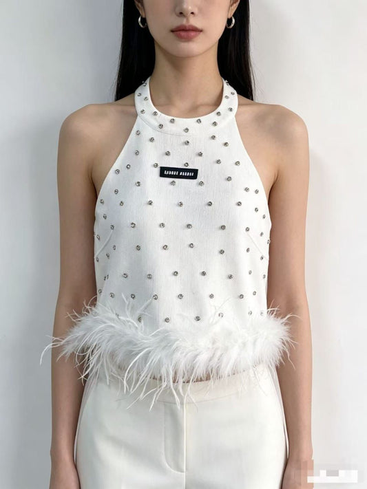 Miu Miu Embellished Feather Trim Tank Top