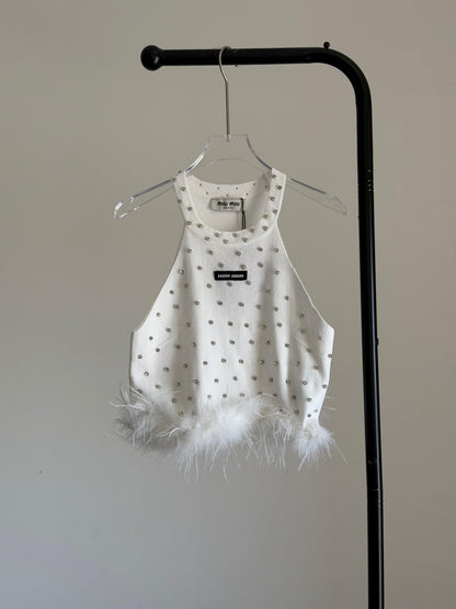 Miu Miu Embellished Feather Trim Tank Top