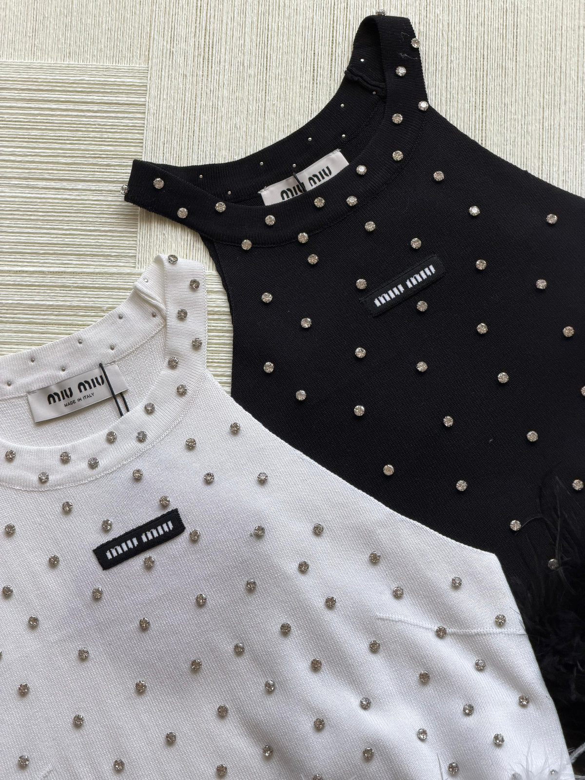 Miu Miu Embellished Feather Trim Tank Top
