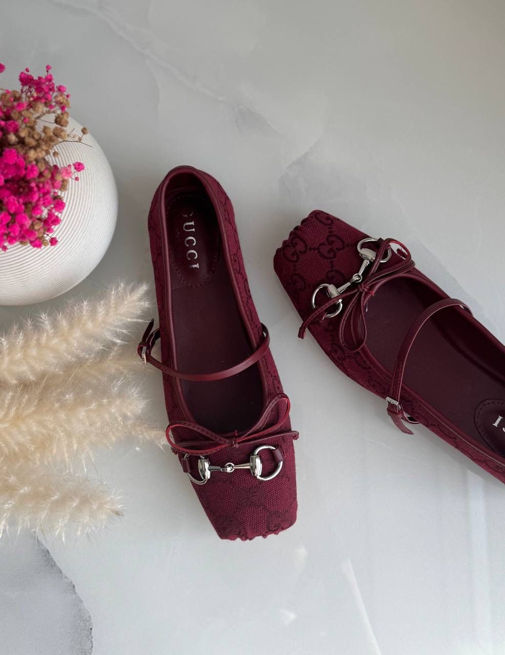 Buy Gucci Burgundy Horsebit Ballerina Flats