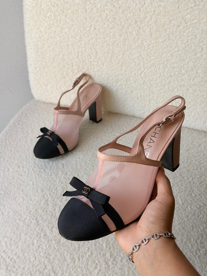Chanel Heeled Slingbacks in Mesh and Grosgrain