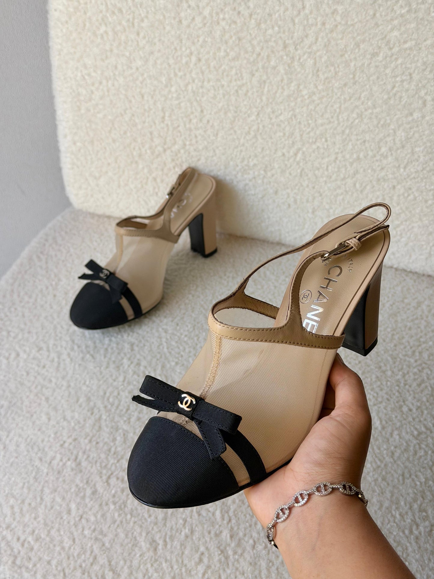 Chanel Heeled Slingbacks in Mesh and Grosgrain