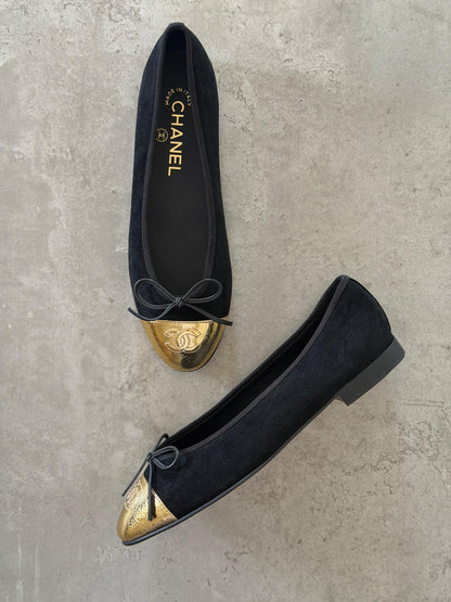 Chanel Black/Gold Leather CC Cap Toe Bow Ballet