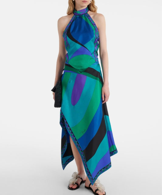 PUCCI Iride Asymmetric Silk Midi Skirt in Blue