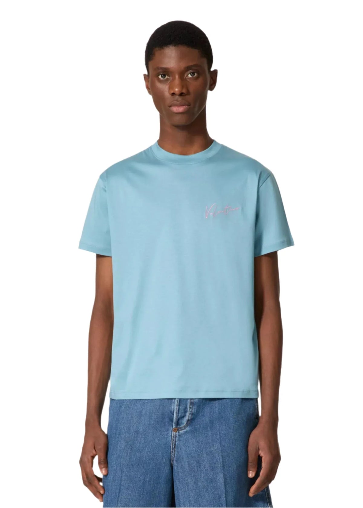Valentino Light Blue T-Shirt With VLogo Signature Print Men's Designer Tee UAE